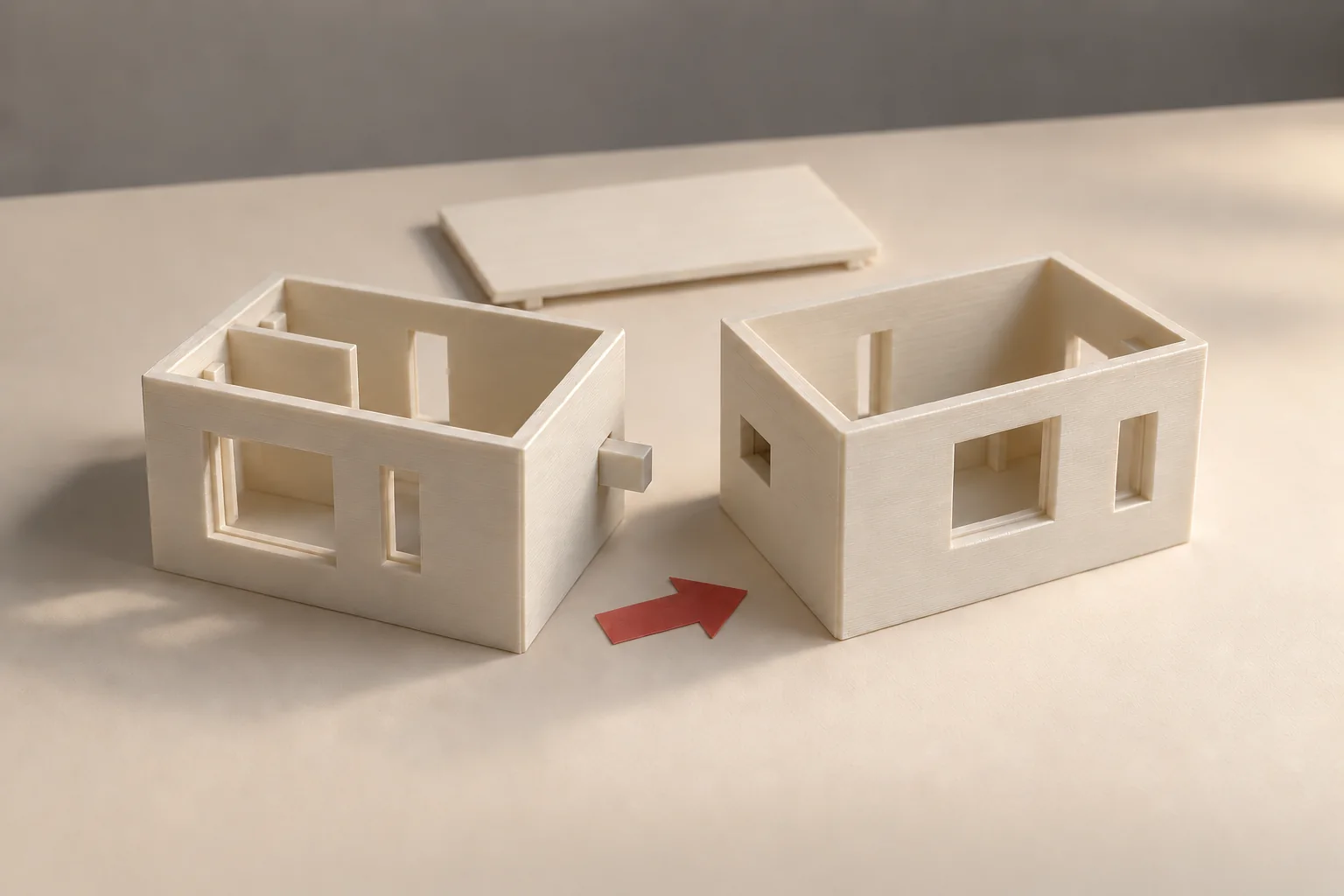 AI-generated close-up of two separate ivory building modules, a locating tongue and receiving opening, with a detached roof behind.