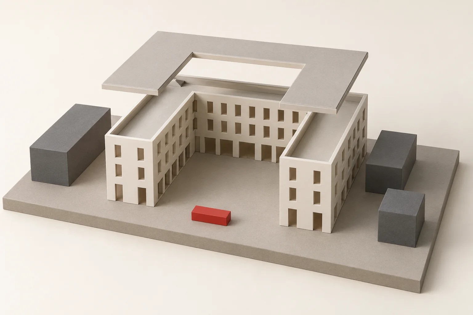 AI-generated exploded view of a fictional courtyard building with a lifted U-shaped roof and separate grey context blocks on a base.