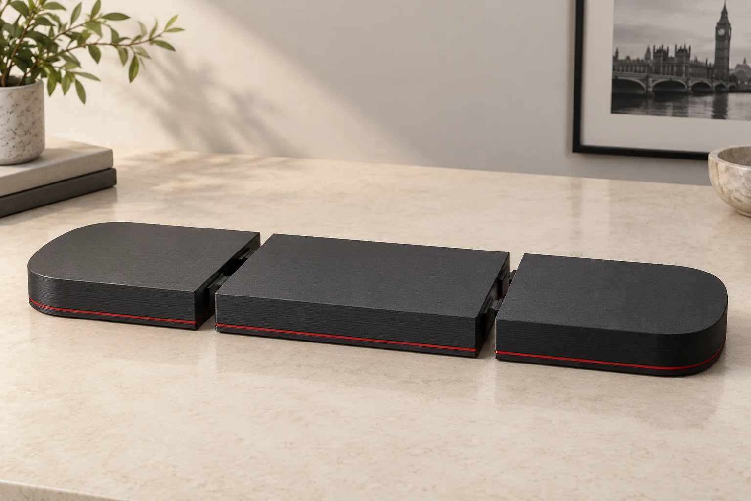 AI-generated concept of a dark tabletop plinth divided into three aligned sections, with two visible joining gaps and rounded outside ends.