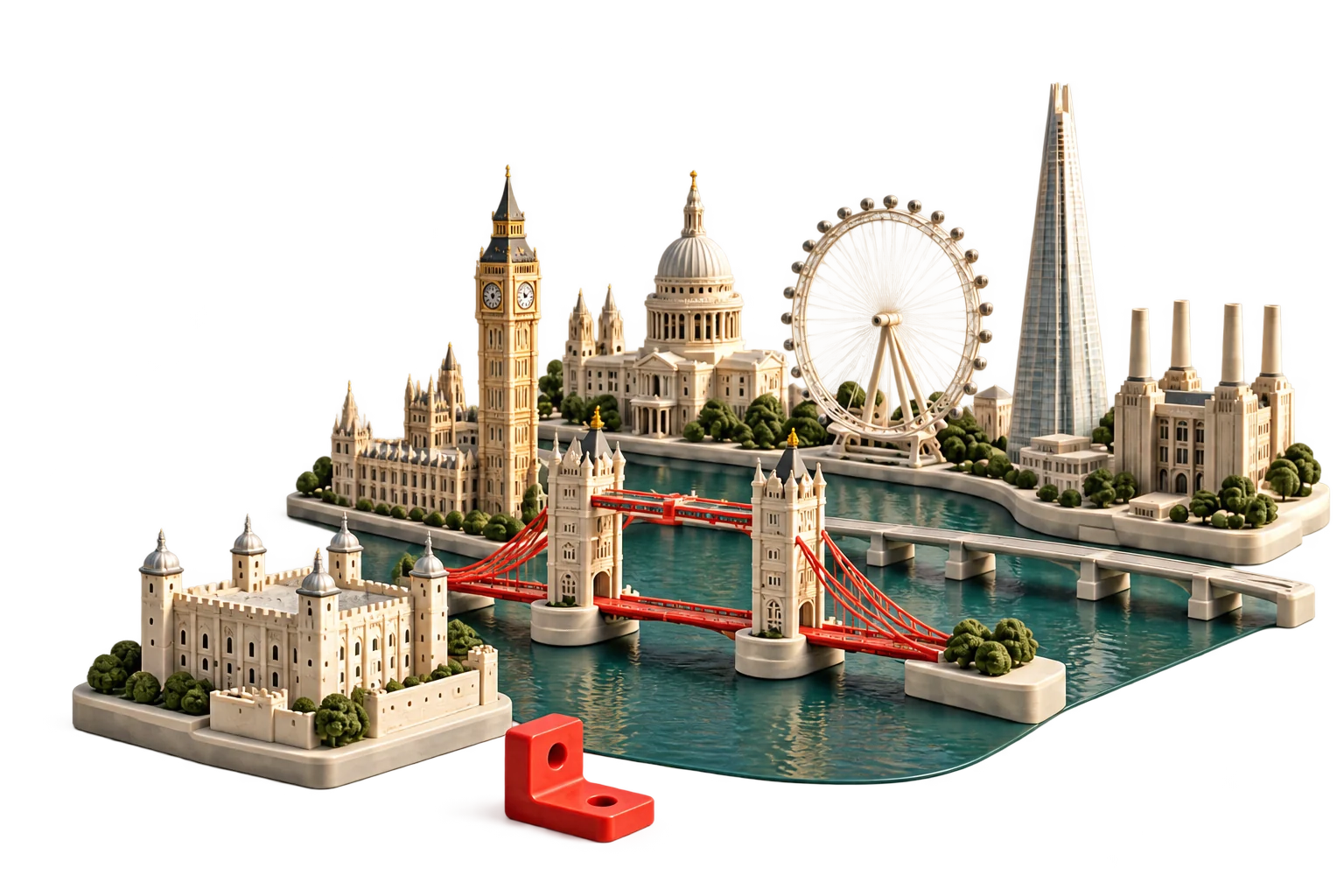 Illustrative miniature London skyline: Tower Bridge, Parliament, the Tower of London, St Paul’s, the London Eye, the Shard and Battersea Power Station.
