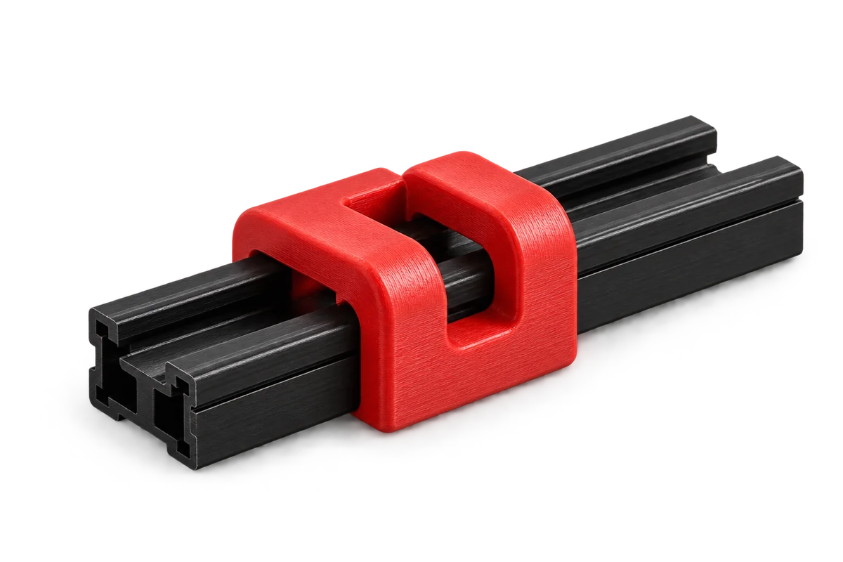 Illustrative red printed guide mounted on a black rail.