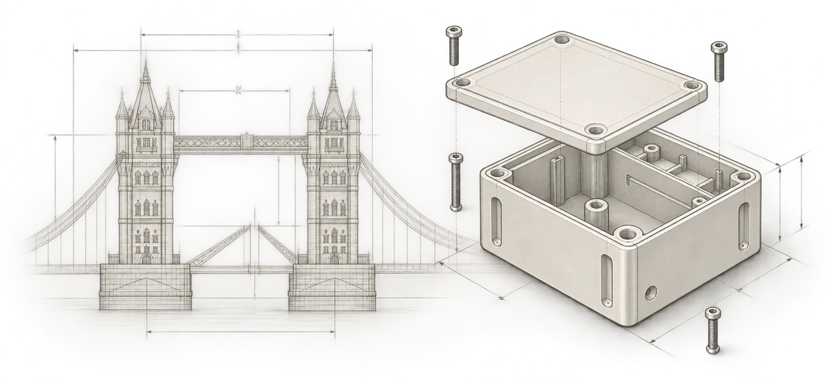 Illustrative Tower Bridge engineering drawing beside an exploded CAD enclosure with its lid and screws.